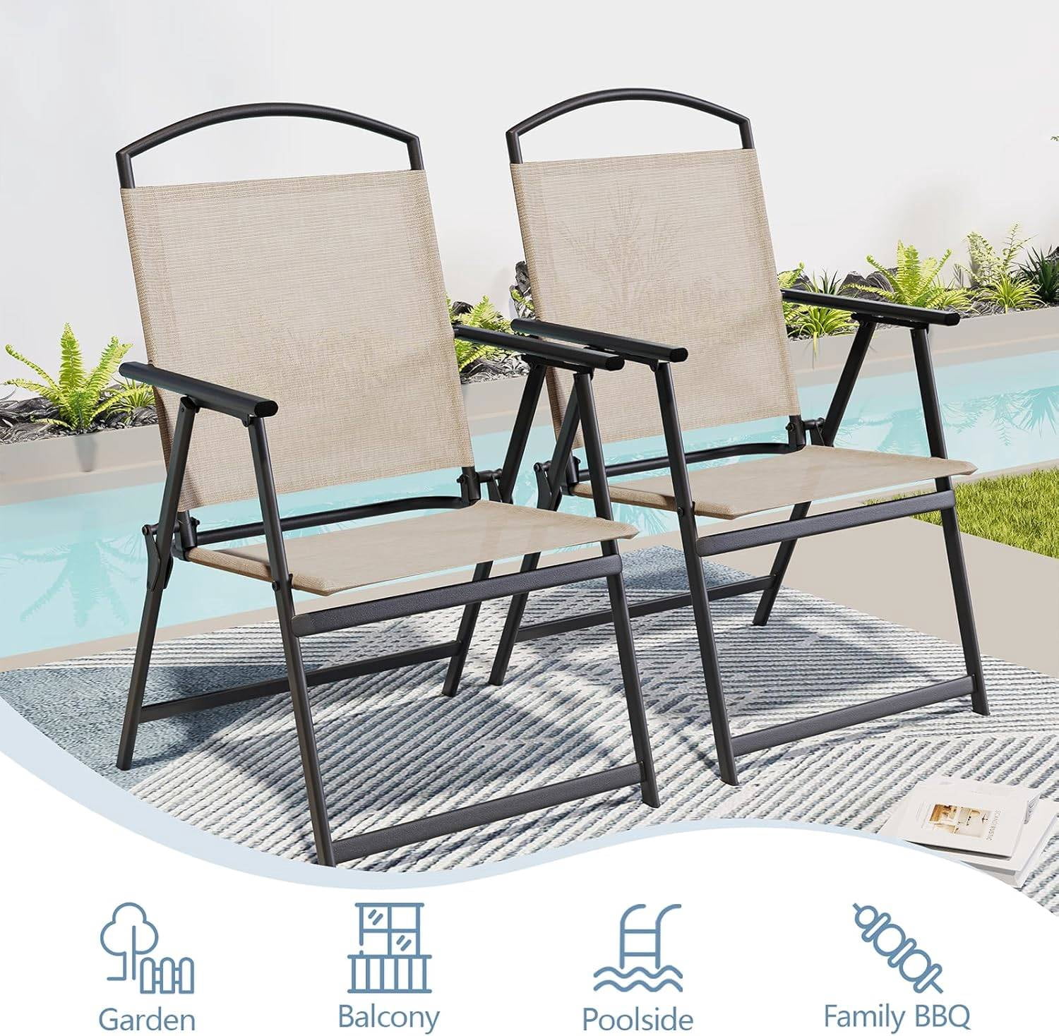 Folding Patio Chairs Set of 2, Outdoor Dining Chairs with Armrests, Breathable Textilene & Steel Frame for Lawn, Garden, Yard or Poolside - Beige