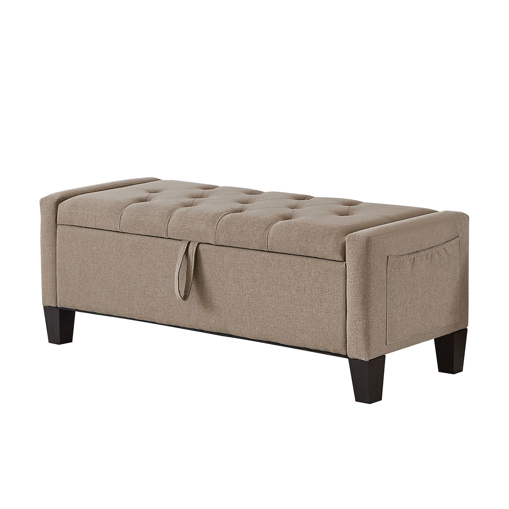 GZXS 45 Inch Upholstered Storage Bench in Linen, Tufted Ottoman Seat with Side Pocket for Bedroom, Entryway, Small Apartments