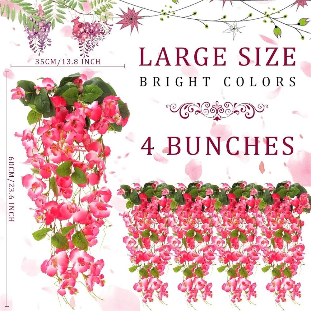 Duslogis 4 Pcs Fake Hibiscus Artificial Hanging Flowers Plants for Outdoors Spring Decor,Silk Hibiscus Vines Realistic UV Resistant Faux Flowers for Porch Patio Yard Home Wedding Party,Pink