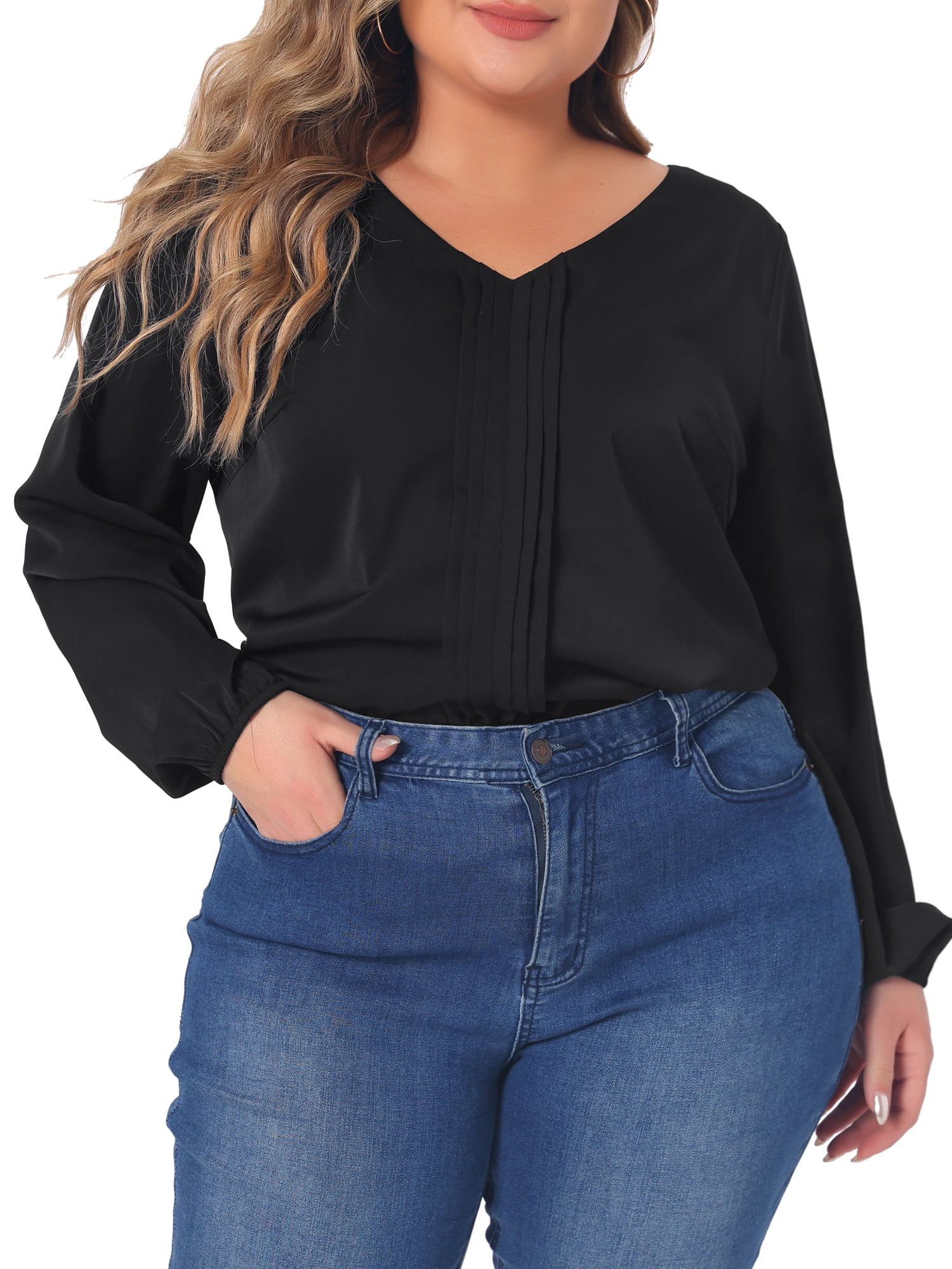 Unique Bargains Women's Plus Size Long Sleeve V Neck Chiffon Pleated Front Tops 4X Black