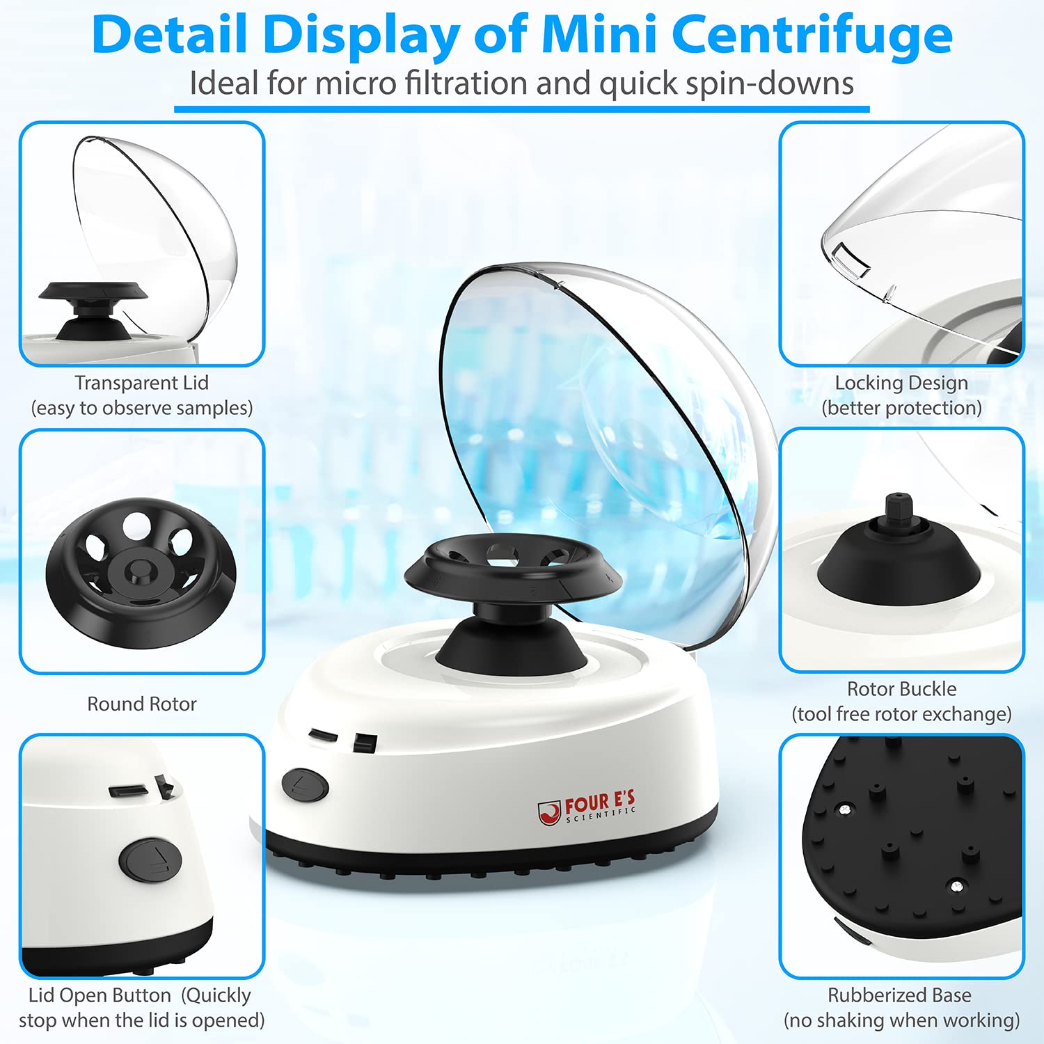 Mini Centrifuge 5400rpm, 2000 x g RCF with 2 Interchangeable Rotors for 0.2/0.5/1.5/2mL Tube Capacity