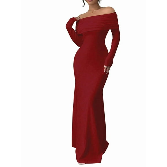 Women'S Long Sleeve Off the Shoulder Bodycon Dress Elegant Maxi Dress Cocktail Prom Dresses Wine Red XL