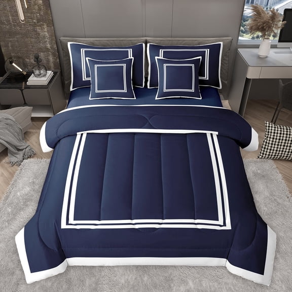 Homewish Modern Abstract Line Twin Bedding Sets 7-Piece, Navy White Square Bedding Comforter Set, Chic Stripe Buffalo Plaid Reversible Sheet Sets, Luxury Bedroom Decor