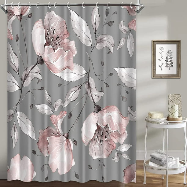 Floral Shower Curtains for Bathroom, Pink Grey Rose Flowers Shower ...