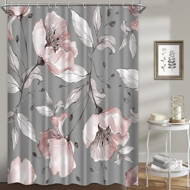 Cortinas de ducha florales para baño, rosa, gris, rosa, flores, juego de cortinas de ducha, tela de fondo azul, impermeable, lavable, floral, cortina de ducha Zhivalor HMHZ1193-4