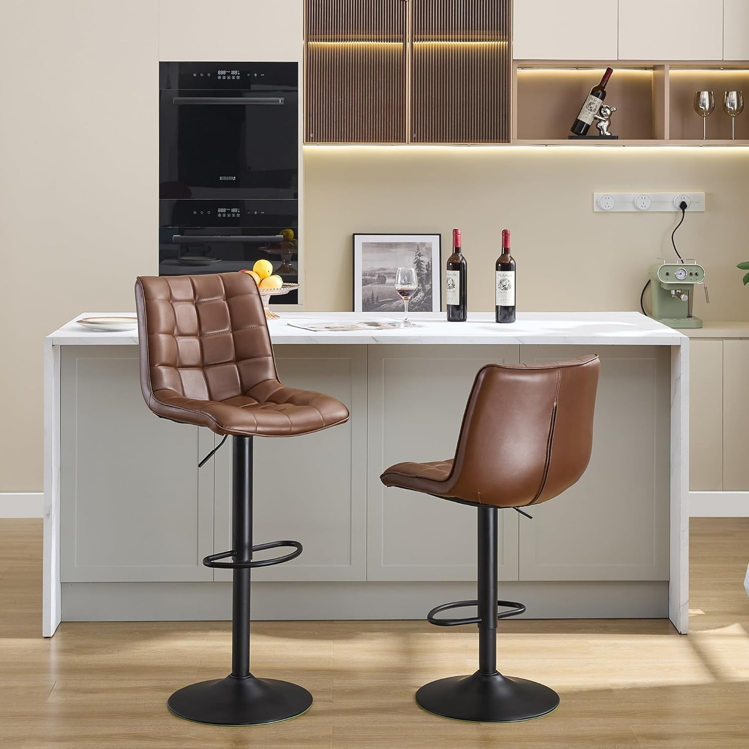FIRAVOE Bar Stools Set of 2, Swivel Counter Height Bar Stools with Back (Adjustable 24"-33") Faux Leather Barstools Bar Chairs for Kitchen Island, Brown
