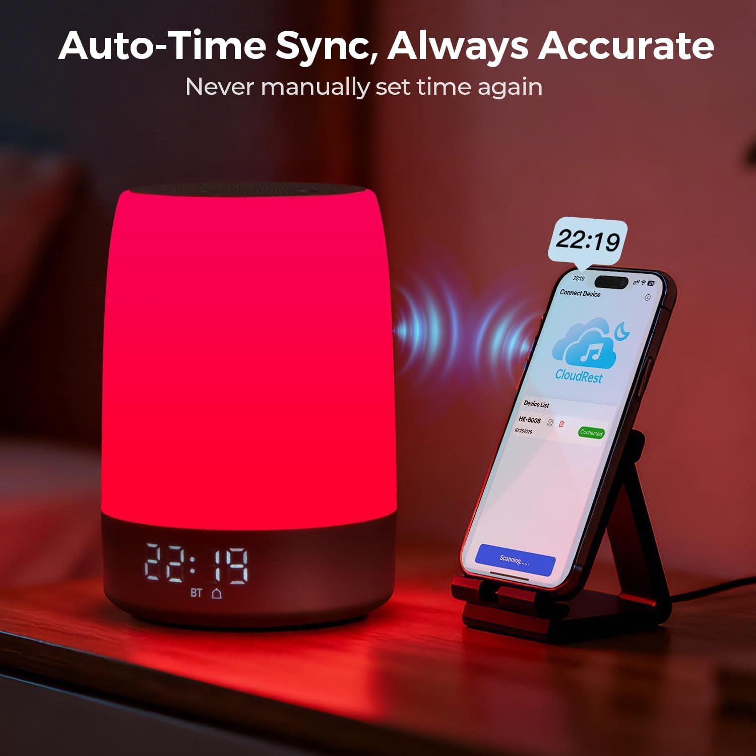 Red Light Therapy Lamp & Sleep Sound  with Alarm Clock, 32 White Noises, App Control, 5-Level Red Light (620-690nm), 2600mAh Battery for Bedroom