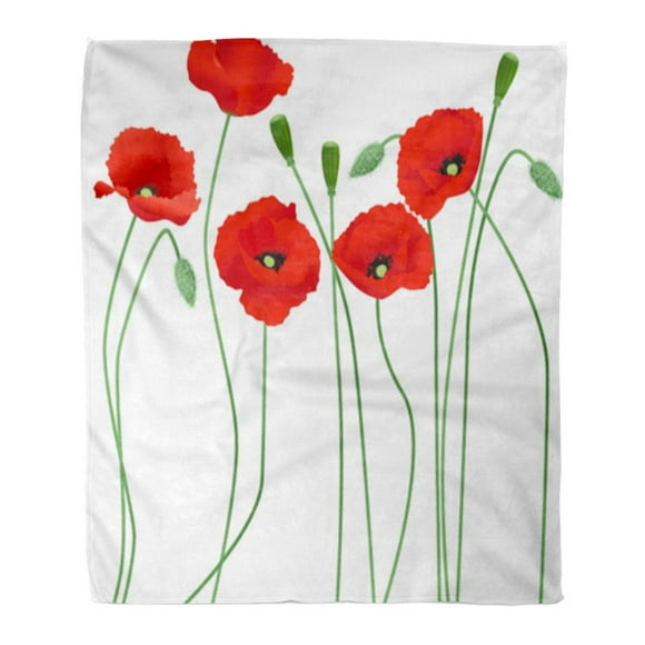 POGLIP Flannel Throw Blanket Day Green Poppy Red Poppies Flower Remembrance Floral Stem Soft for Bed Sofa and Couch 50x60 Inches