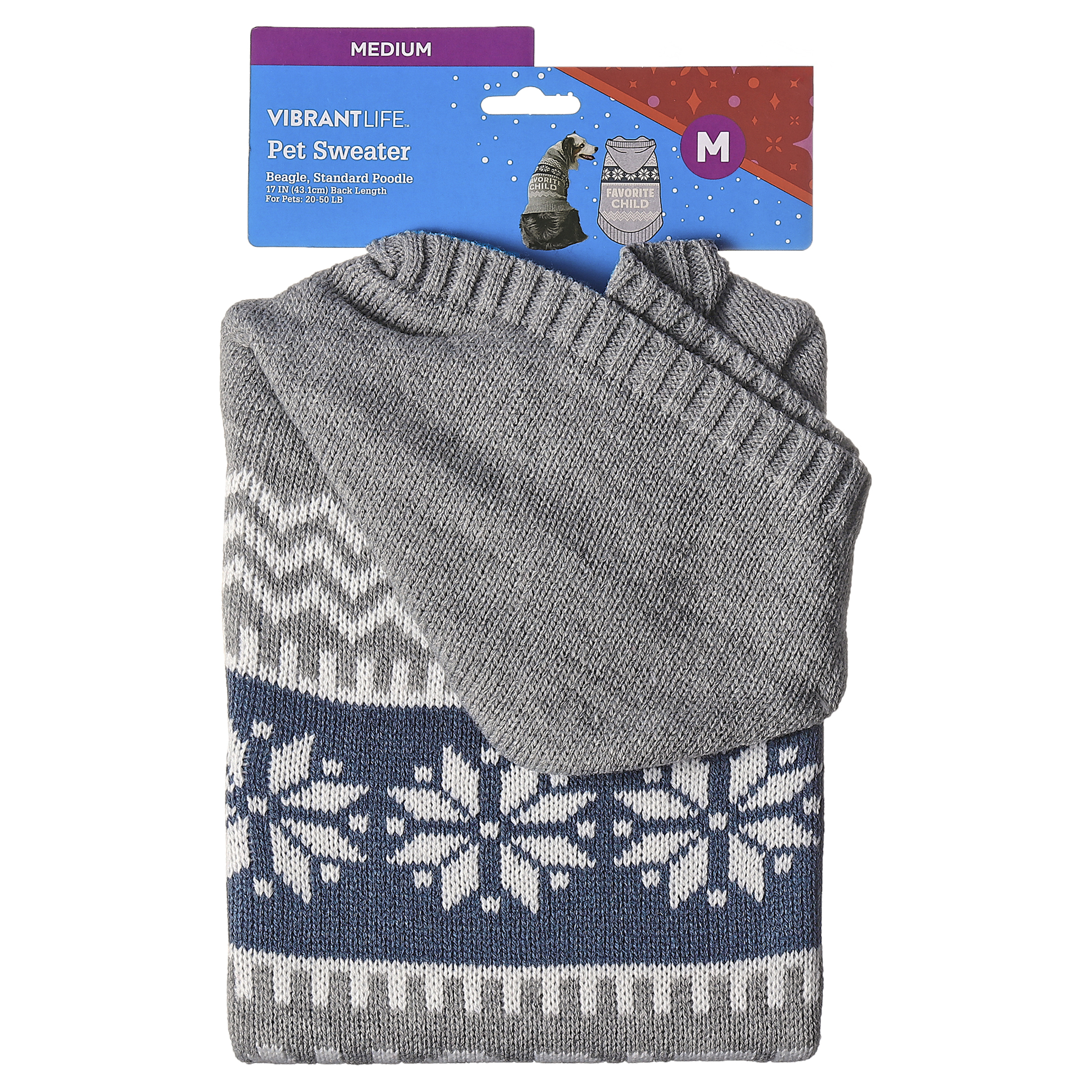 Vibrant Life Holiday Hooded Pet Sweater for Dogs, Favorite Child, Gray, Medium