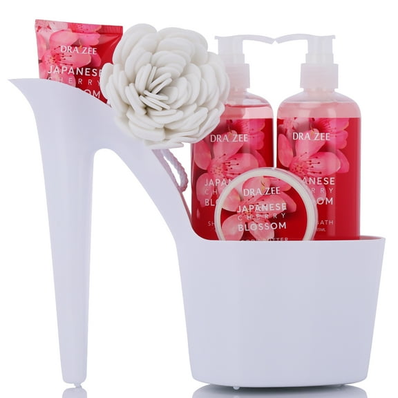 Draizee Heel Shoe Spa Gift Set Cherry Blossom Scented Bath Essentials Gift Basket with Shower Gel, Bubble Bath, Body Butter, Body Lotion And Soft EVA Bath Puff Luxurious Home Relaxation Gifts for Women