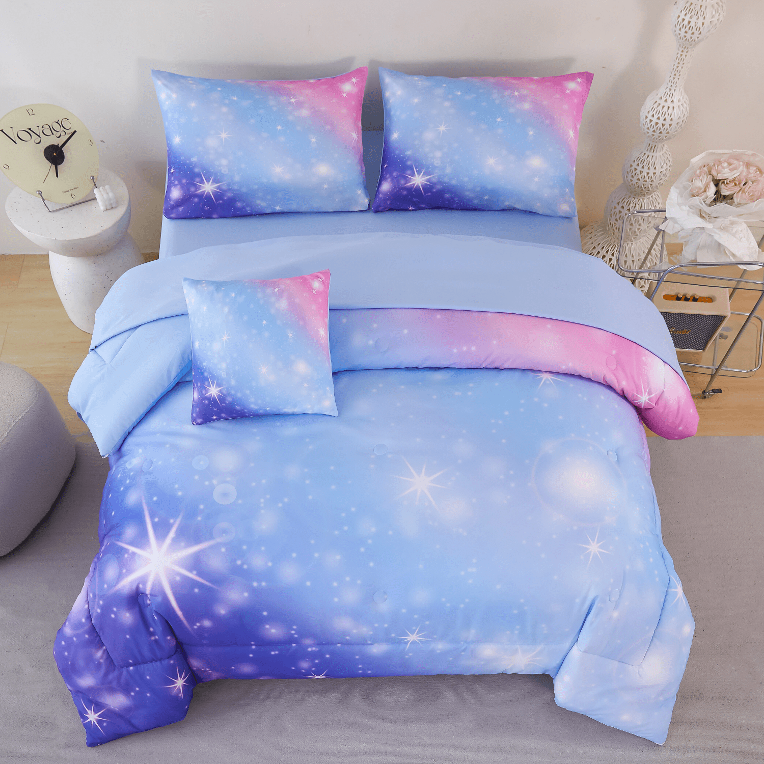 PERFEMET 6 Pieces Blue Girls Twin Galaxy Comforter Set Starry Sky Sparkle Gradient Bedding Set Ultra Soft Bed in a Bag(Blue,Twin)