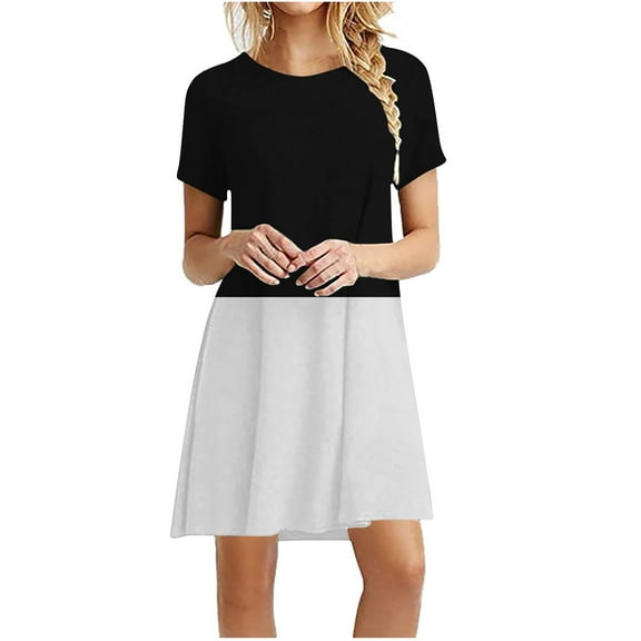 QLEICOM Women's Casual Color-Blocking Simple T-Shirt Loose Dress Summer Short Sleeve T Shirt Dresses Black 3XL(US Size: 14