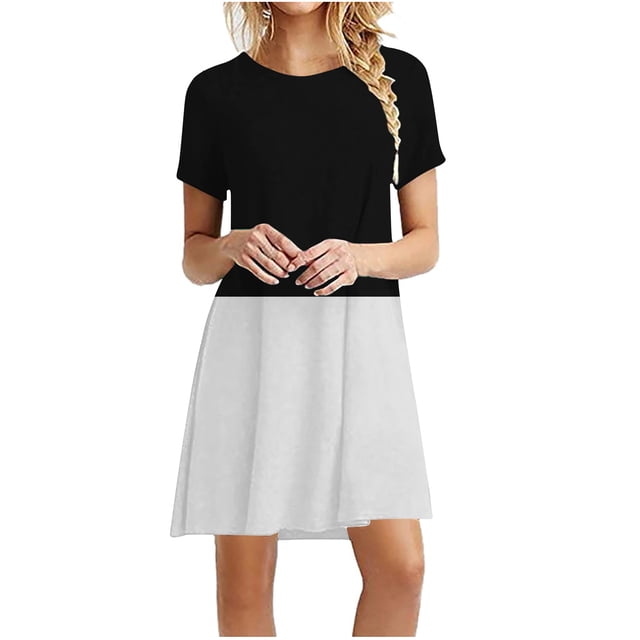 Robe T-Shirt pour Femmes Grande Taille à Enfiler d'Été Décontractée Mini Robe Couleur Unie à Coutures Robe de Détente Tenue Quotidienne