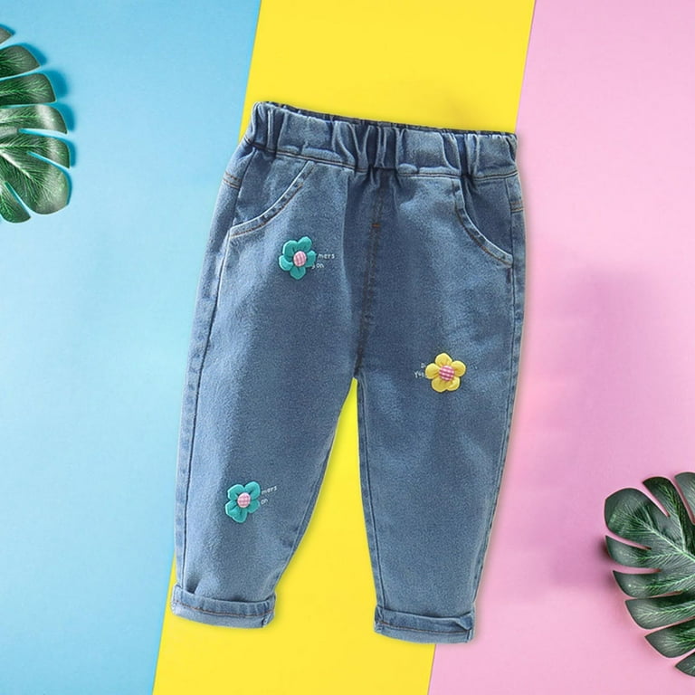 【GRAVER】Flower smile embroidery clip denim pants Little Girl's Jeans Flower Embroidery Denim Pants Elastic