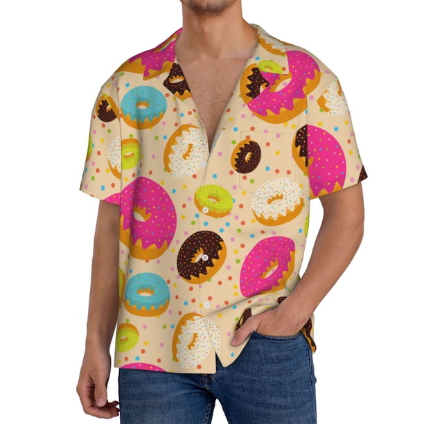 Fotbe Donuts Camisa Estampada de Manga Corta para Hombre, Casual de Verano, Estilo Playero, Sin Arrugas-Large