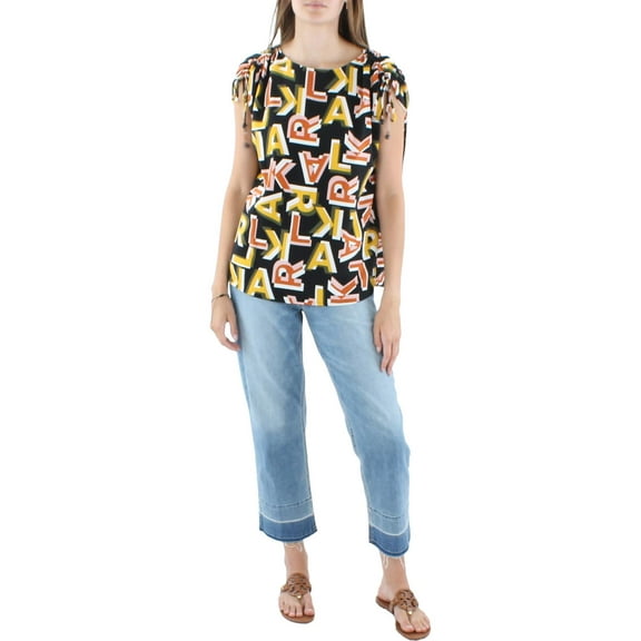 Karl Lagerfeld Paris Womens Printed Ruched Detail Sleeve Top Black Multi S
