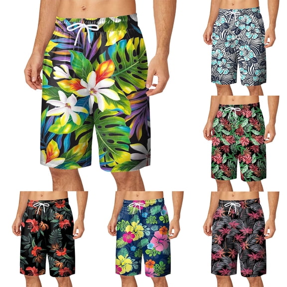 JAJAHO Mens Hawaiian Beach Shorts Tropical Printed Drawstring Elastic Waist Breathable Mesh Summer Shorts Soft Bottoms