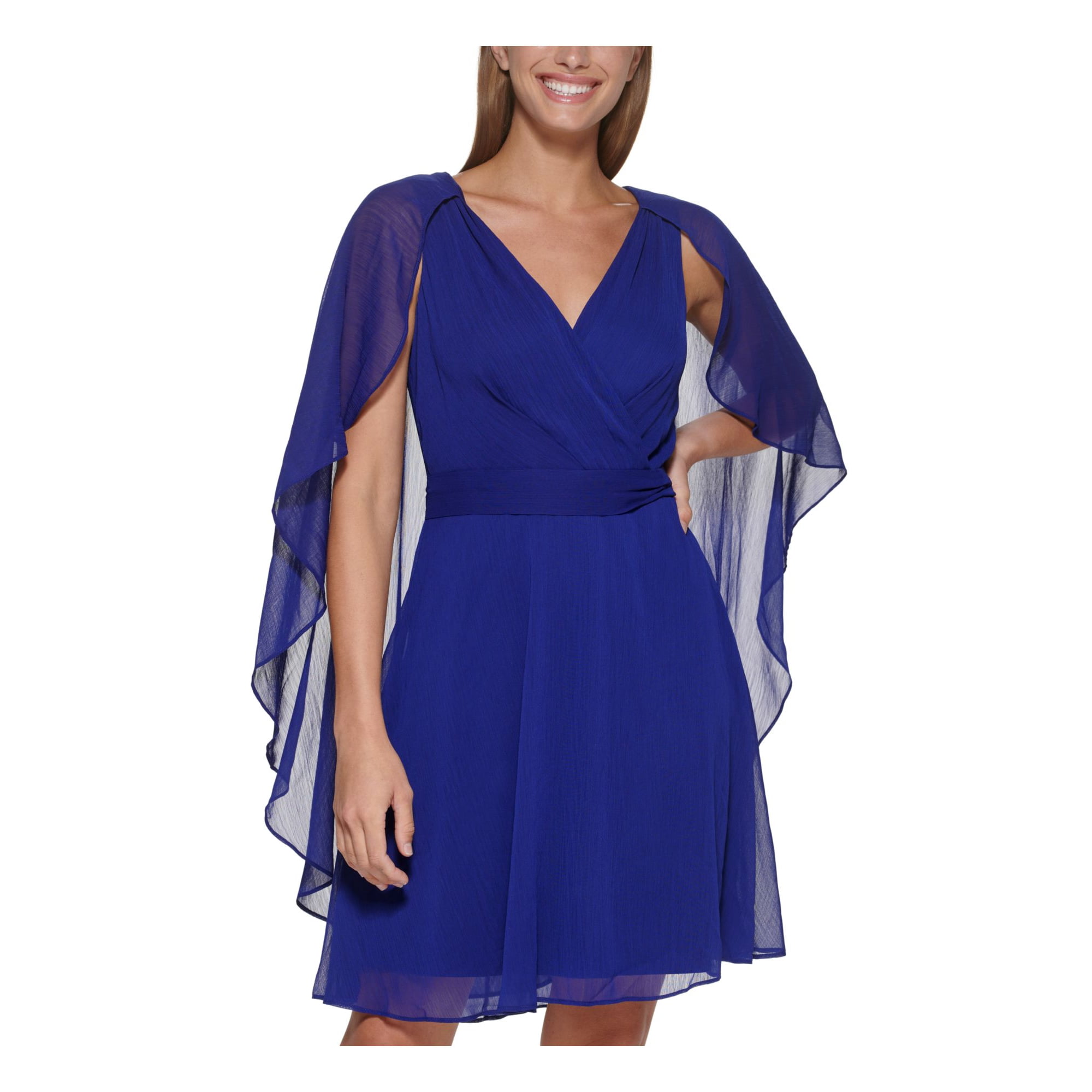 DKNY Womens Blue Belted Flutter Sleeve Surplice Neckline Above The Knee Evening Fit Flare Dress 14