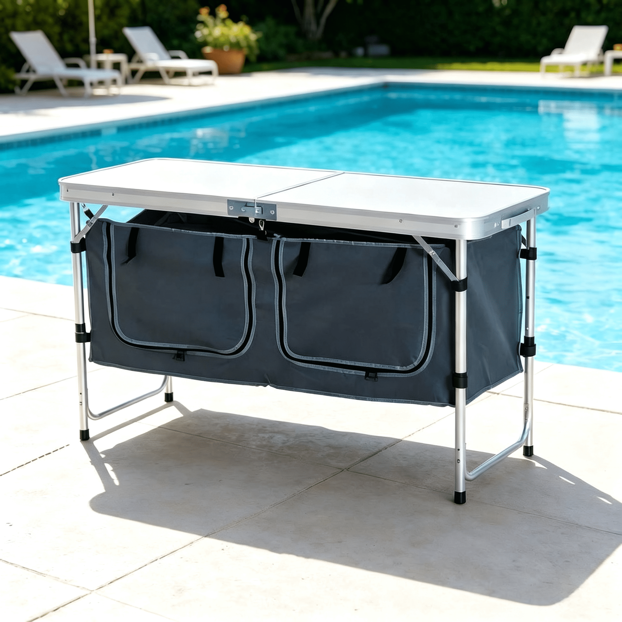 Foldable Camping Fishing Table, 3 Adjustable Heights Aluminum Frame Outdoor Table with Zippered 600D Oxford Storage Bag, MDF Tabletop, 55LBS Capacity for Picnic BBQ Backyard