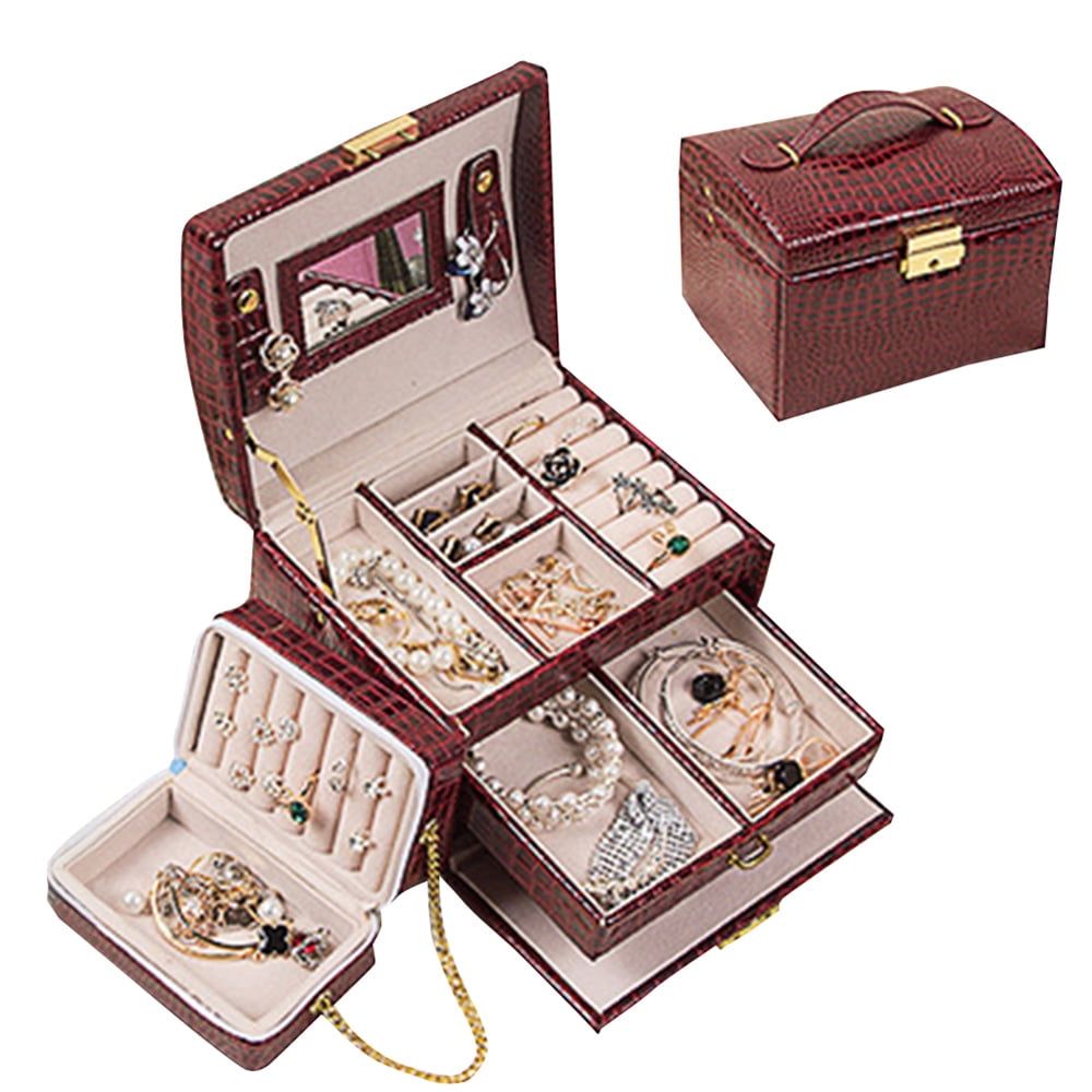 Jewelry Storage Box Organizer PU Leather Drawer Removable Zipper Box