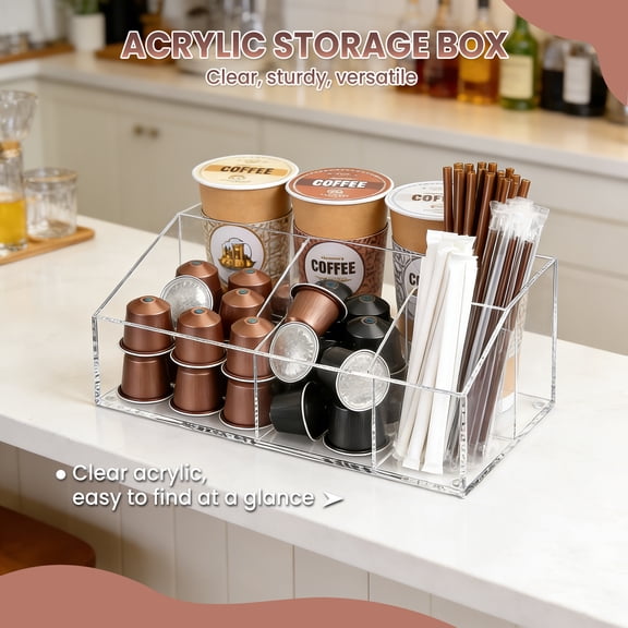 Ataucjin Clear Acrylic Coffee Station Organizer, 7-Compartment Coffee Bar Storage Bin, Office Breakroom Clear Snack Tea Storage Accessories Holder for Pods, Cups, Lids, Syrup Bottles