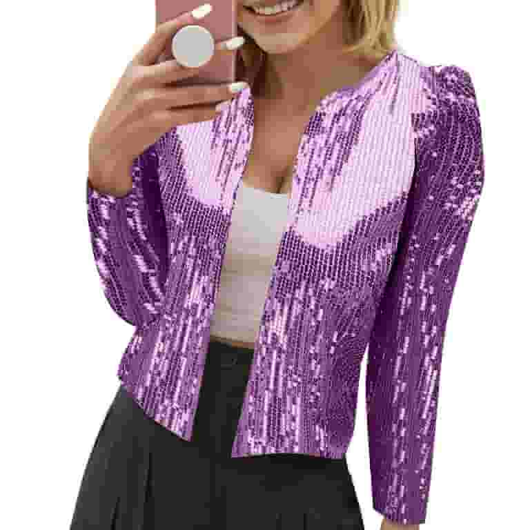 adviicd Women Fashion Sequin Jacket Open Front Long Sleeve Short