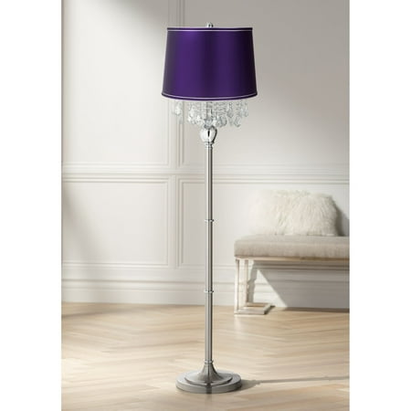 360 Lighting Modern Floor Lamp Standing 62 1/2" Tall Brushed Nickel Silver Crystals Dark Purple Satin Drum Shade for Living Room Bedroom Office House