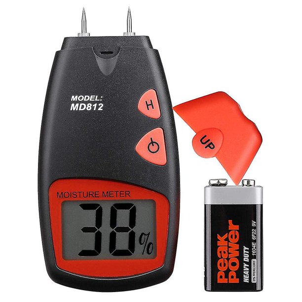 Medidor digital de humedad de madera, probador de humedad LCD portátil, detector de humedad con 2 pines de sensor de repuesto y una batería de 9 V (ambas incluidas)