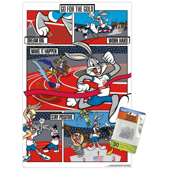 Looney Tunes x Team USA - Track and Field Wall Poster with Push Pins, 14.725" x 22.375"