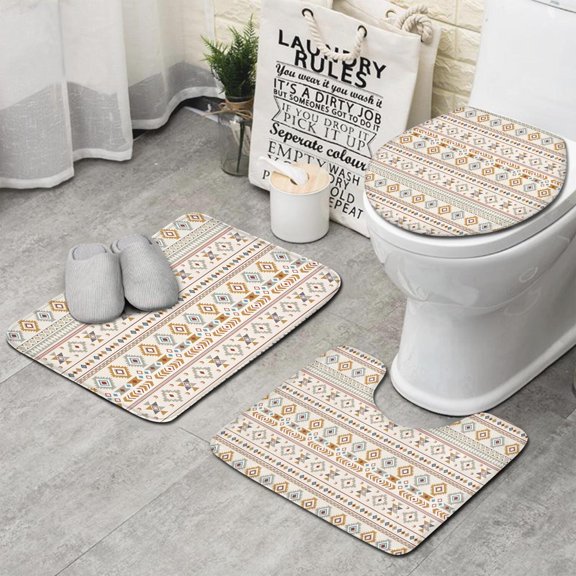 Brown Geometric Triangle Diamond Pattern Bathroom Rugs Sets 3 Piece,Toilet Cover Set,Absorbent Non Slip Bathroom Mats Sets with U-Shaped Contour Rug Toilet Rug Set