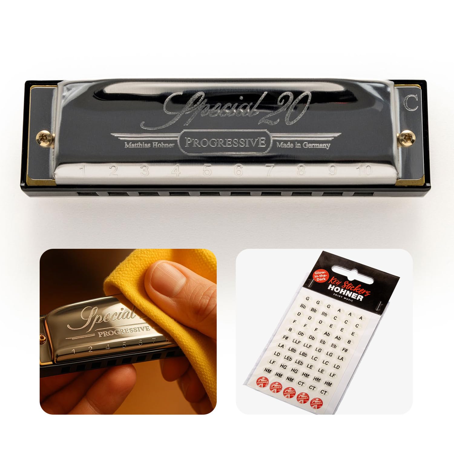 Hohner Special 20 Country Tuned Harmonica - Key of C Bundle with Case, Key Stickers, and Austin Bazaar Polishing Cloth