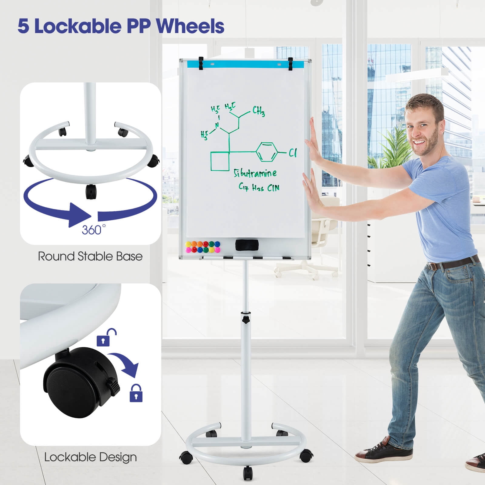 Costway Mobile Whiteboard 40" x 26" Height Adjustable Magnetic Dry Erase Board with Stand White