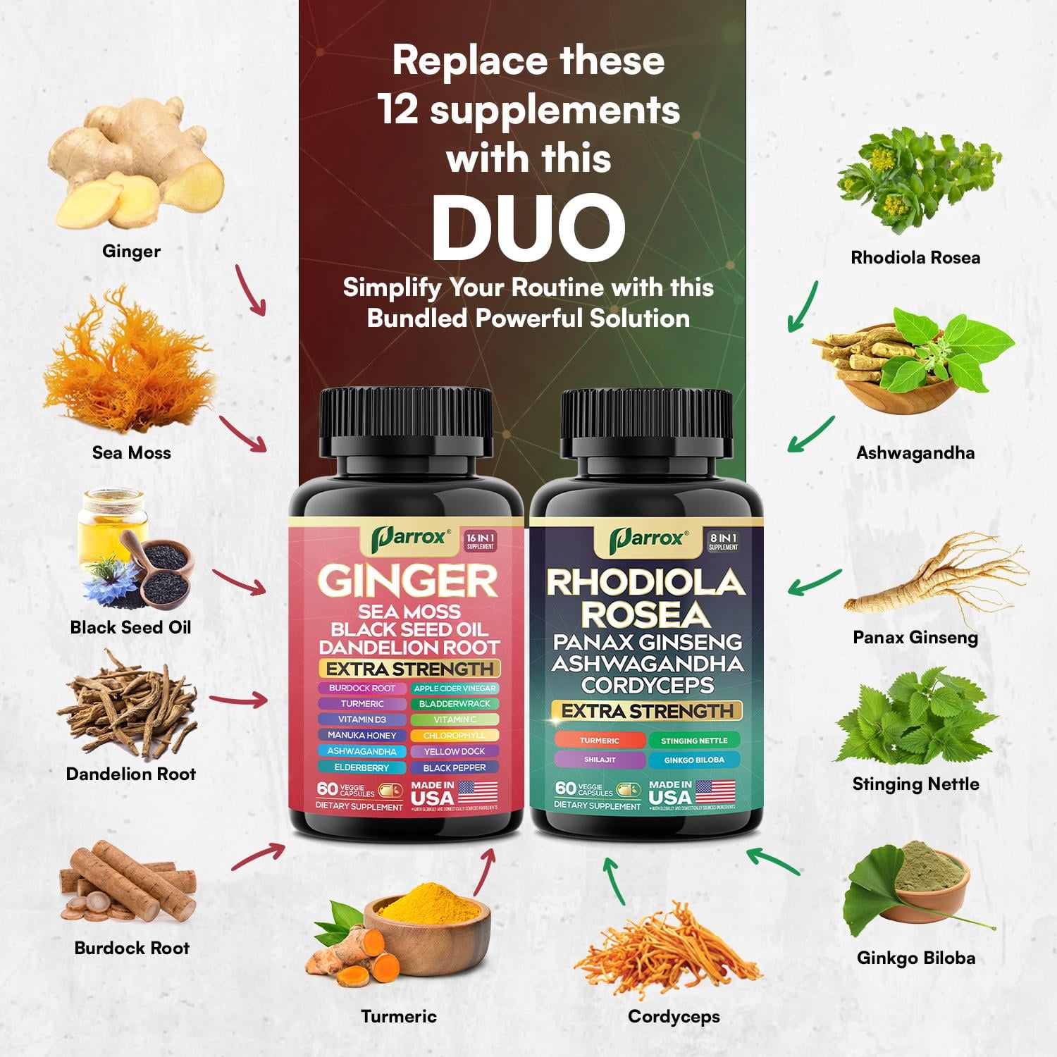 Parrox Dynamic Duo Herbal Bundle, Ginger, Rhodiola Rosea, Sea Moss, Ashwagandha, Black Seed Oil, Panax Ginseng, Turmeric, Dandelion, Cordyceps, Ginkgo Biloba, ACV, Elderberry, Manuka Honey