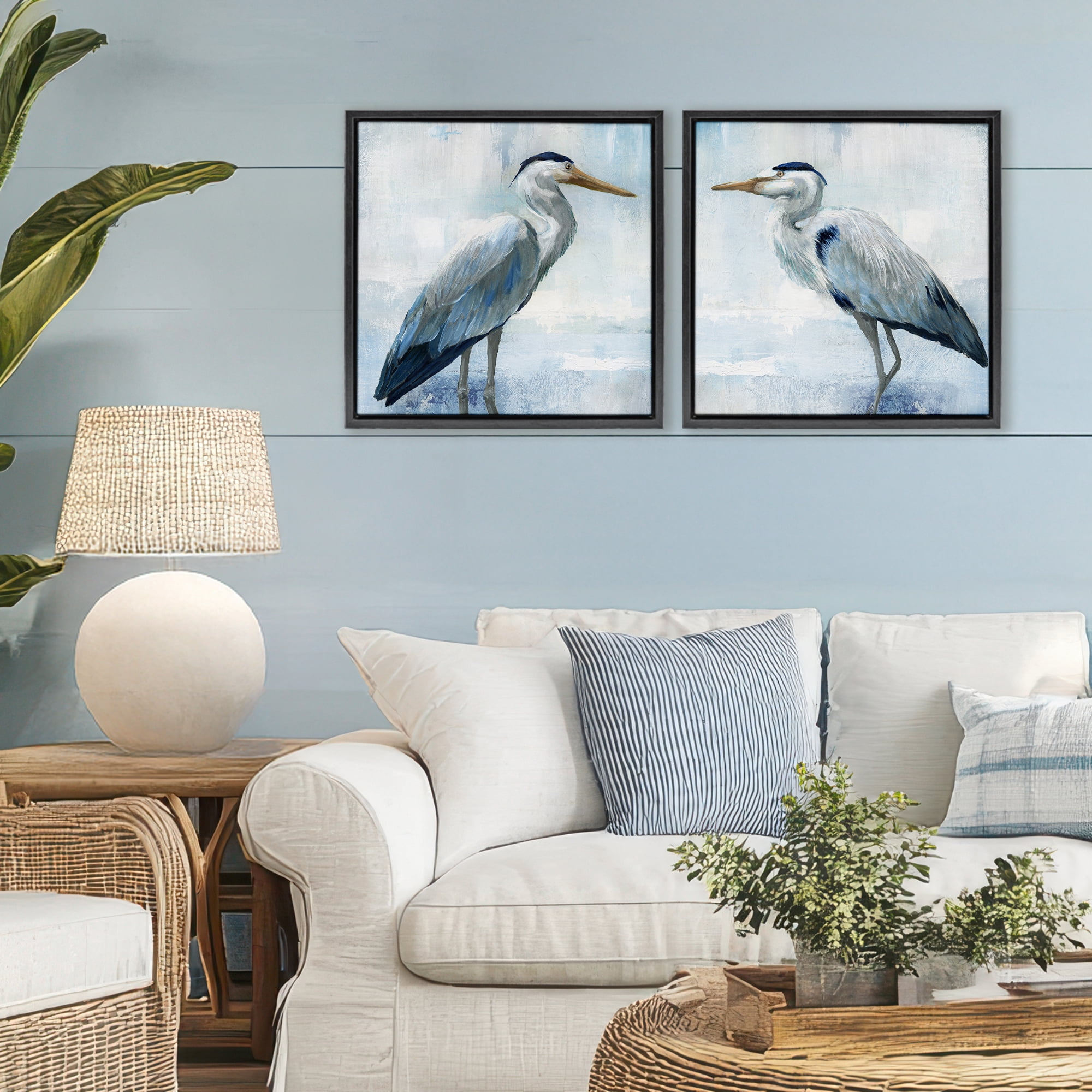 Stupell Industries Faded Blue Coastal Herons 2 Piece Black Framed Floater Canvas Set, design by Nan