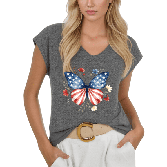 Cozymy Women V-Neck Sleeveless T-Shirt Butterfly American Flag Patriotic Casual Summer Plus Size Tee S-5XL