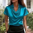 thumbnail image 2 of ASDFVBKG Womens Silk Satin Blouses Fall Casual V Neck Shirts Business Short Sleeve Blouses Elegant Satin Silk Top Blue S, 2 of 4