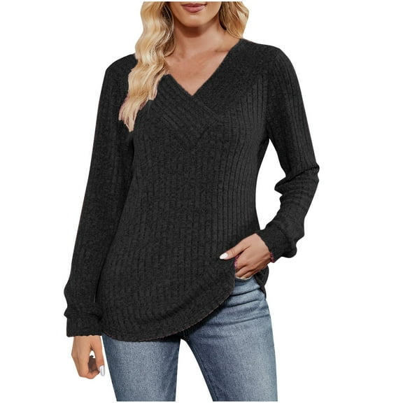 Women Ribbed Knit V Neck Sweatshirt Long Sleeve Solid Color Pullover Fall Winter Warm Loose Lightweight Soft Sweatshirts