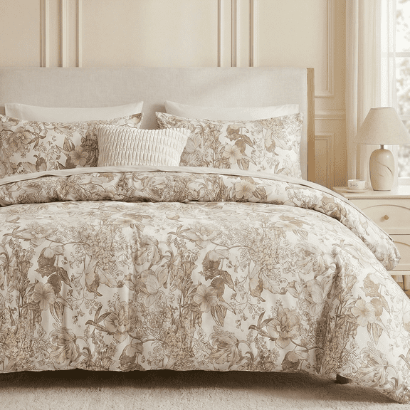 Khaki Floral Duvet Cover 100% Cotton Vintage Botanical Duvet Cover Set 3 Pcs Soft Flower Bedding Set Breathable and Lightweight