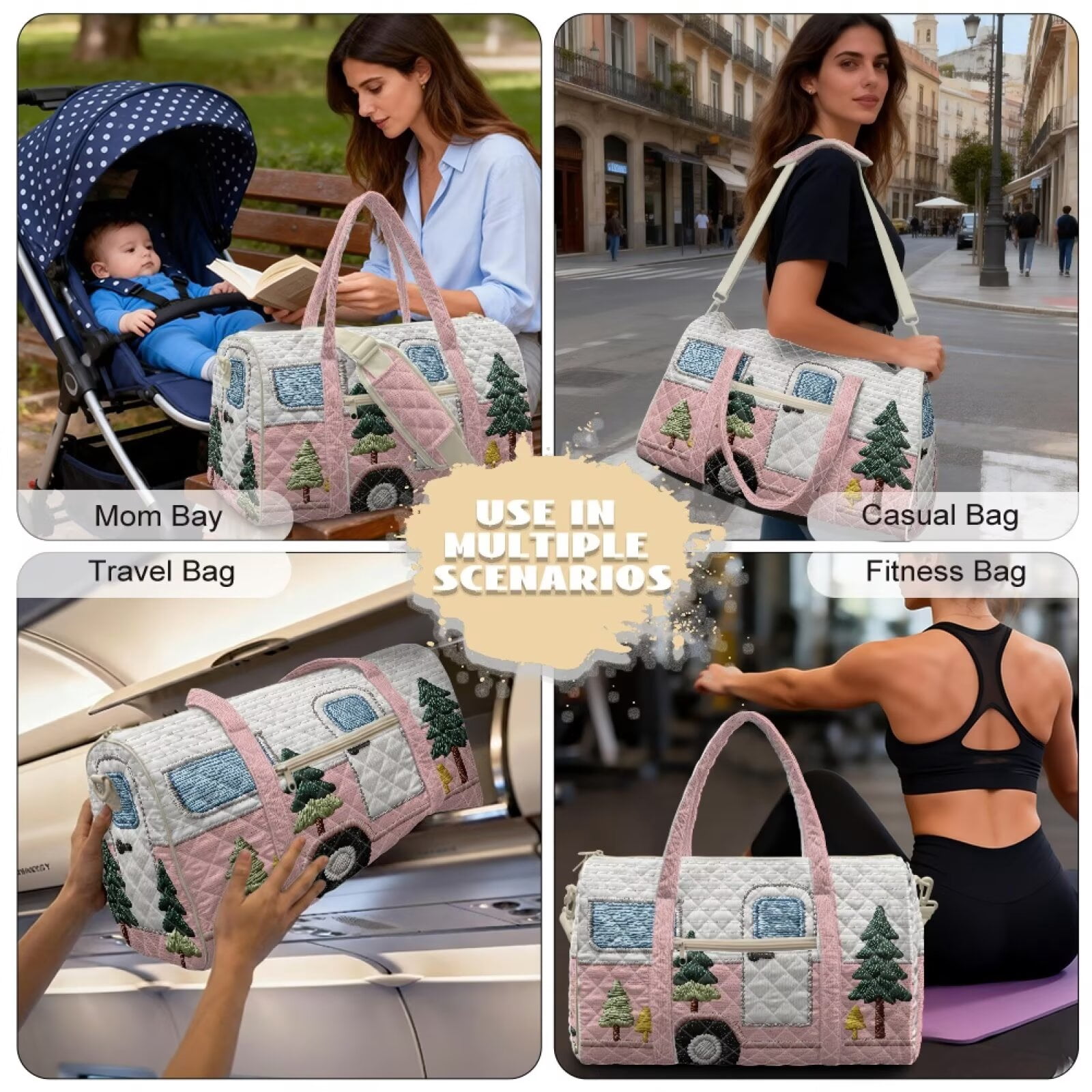 Garronmavis Large Quilted Duffle Bag for Women, Camper Weekender Travel Overnight Bag, Portable Gym Dance Carry On Tote with Luggage Sleeve