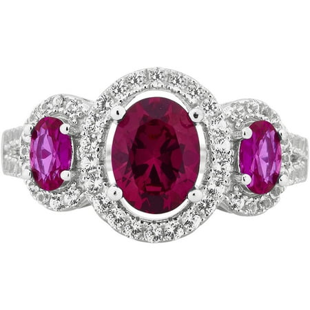Gemstone Oval Ring - Created Ruby and White Sapphire Gemstone Sterling Silver Three Stone Oval Frame Ring