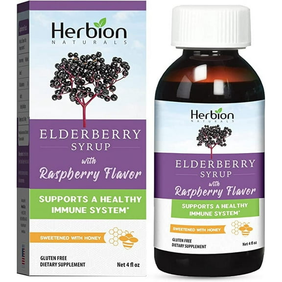 Herbion Naturals Elderberry Syrup – Healthy Immune System for Adults and Children (1 year ) - Honey Sweetened with Natural Raspberry Flavor - No Artificial Ingredients