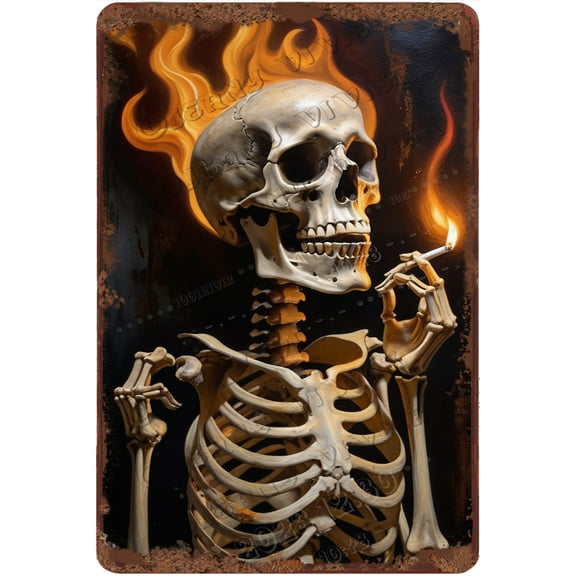 Vintage Aluminum Sign,Smoking Decor, Skull of a Skeleton Decor Burning Cigarette Decor Wall Art Retro Metal Sign for Home Decor Man Cave Wall Decor 12"x8"