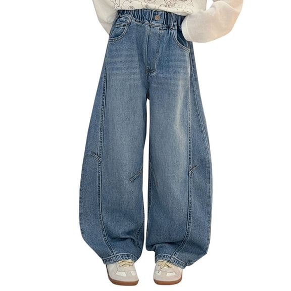 TGPMGRZ Tween Girls Baggy Jeans Elastic Waist Wide Leg Baggy Pants High Waist Y2k Stretchy Denim Pants Blue 9-10 Years