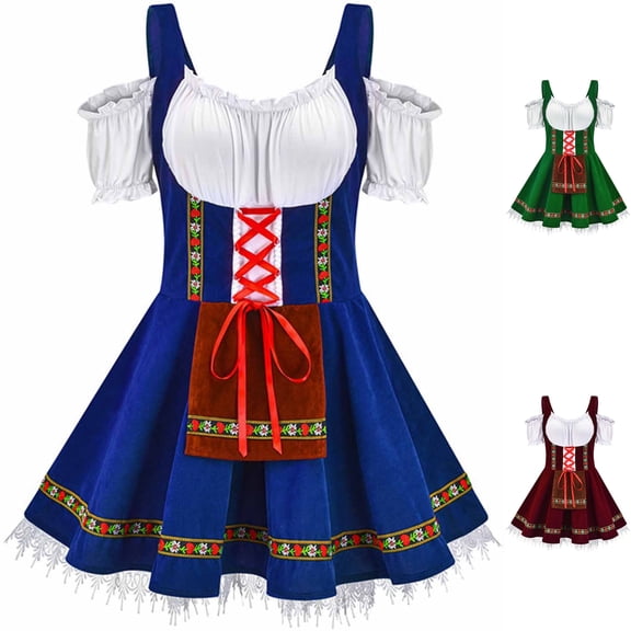 Womens Oktoberfest Dress Bavarian Beer Girl Costume Dirndl Lace Up Renaissance Wench A Line Dress for Halloween Cosplay, Blue, L