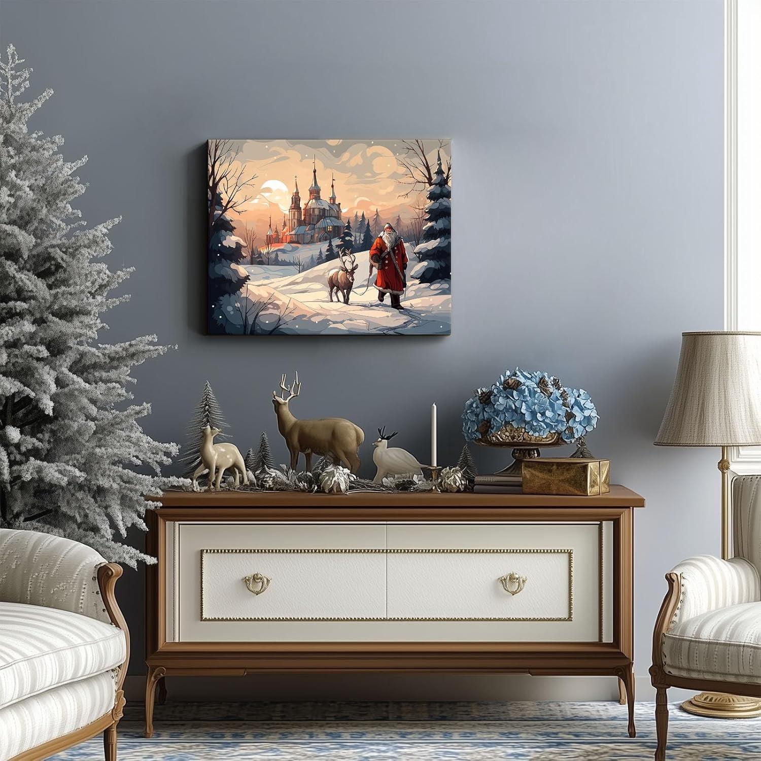 Christmas Santa Claus and Reindeer in Winter Wonderland Canvas wall art decor, Festive Wall Art for Living Room or Office, Holiday Home Decor with Scenic Snowy Landscape and Classic Santa 11X14inch