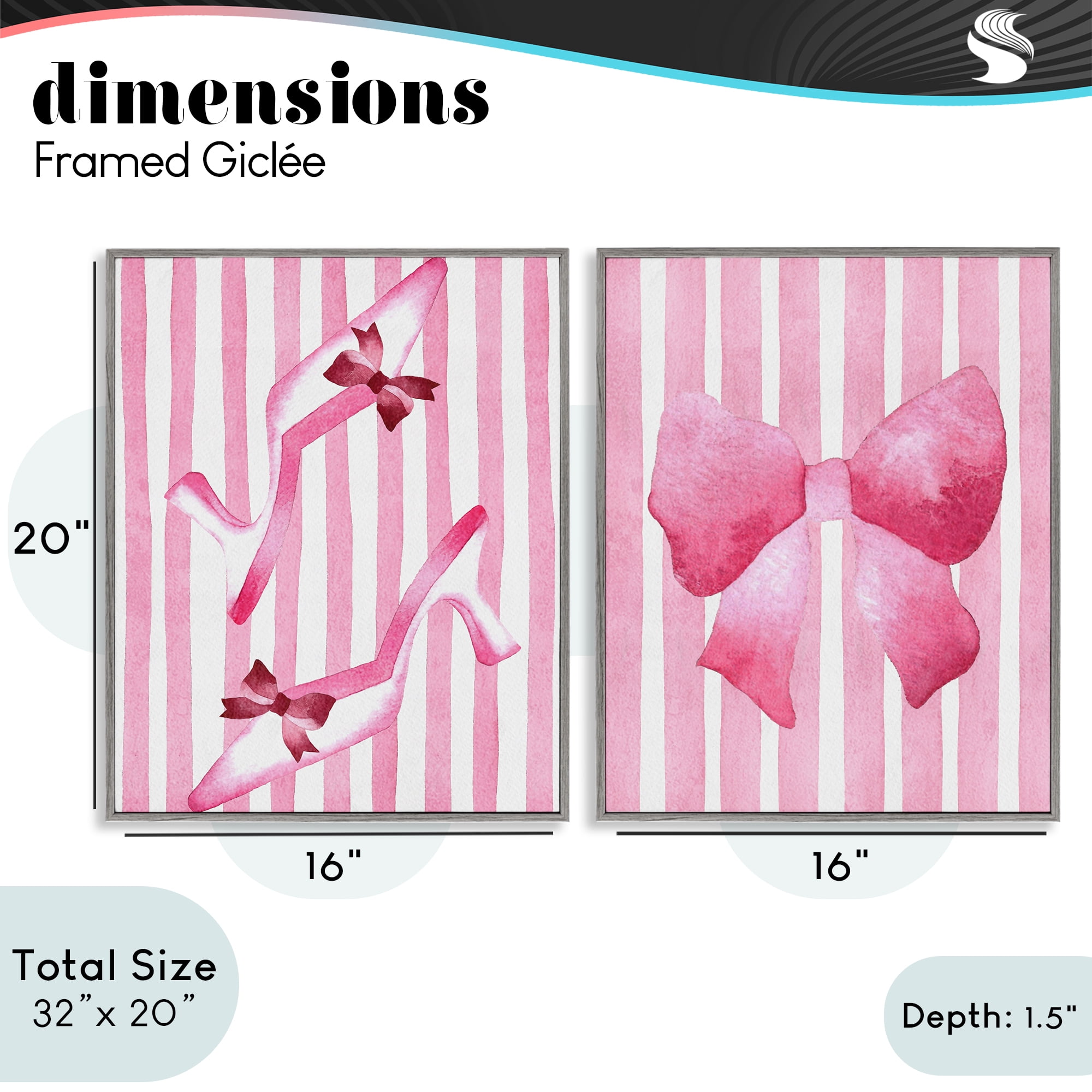 Stupell Industries Feminine Chic Bows Pink Stripes 2 Piece Gray Framed Giclee Art Set, design by Camila Juncos