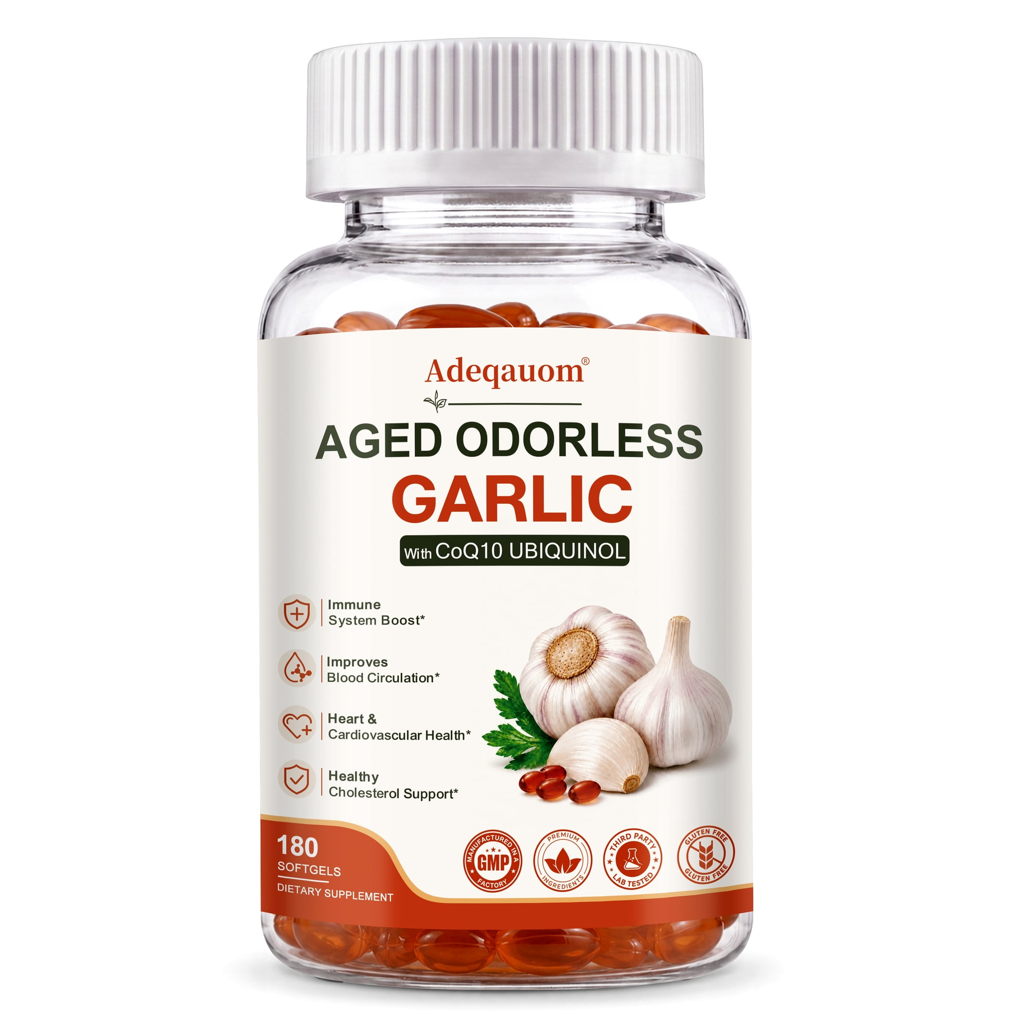 Adeqauom Aged Odorless Garlic Extract 1200mg Softgels, with CoQ10 Ubiquinol & Vitamin K2‑MK7, Daily Wellness Supplement, 180 Softgels