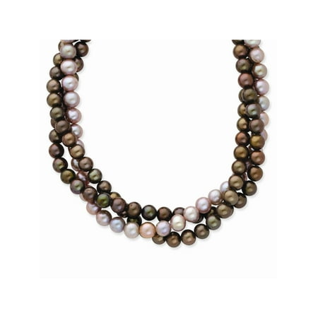 - 14k Yellow Gold Triple Strand Off-Round Brown and Purple Freshwater Cultured Pearl Bead Necklace