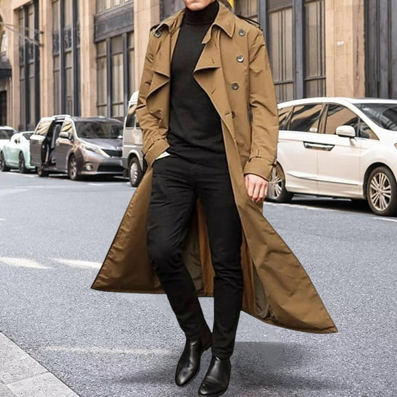 Gabardina formal para hombre Peacoat con bolsillos Moda Top Doble botonadura Cortavientos suave para Negocios Primavera Otoño , S Caqui S