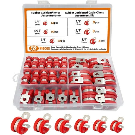 

52pcs Cable Clamps Assortment Kit 304 Stainless Steel Rubber Cushion Pipe Clamps in 6 Sizes 1/4 5/16 3/8 1/2 5/8 3/4 (Red)